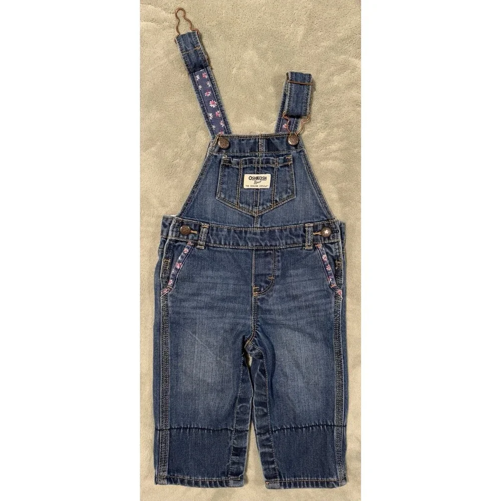 Y2K OshKosh B'gosh Vestbak Baby Girls 9M Blue Denim Overalls Floral Trim Spring